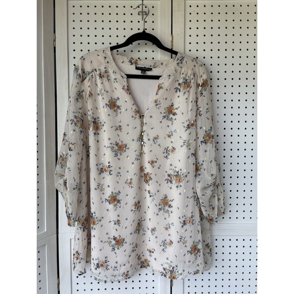 Sara Michelle Tops - Sara Michelle Women's 2X Blouse Ivory Blue Floral Gold Tone Buttons Fall Autumn